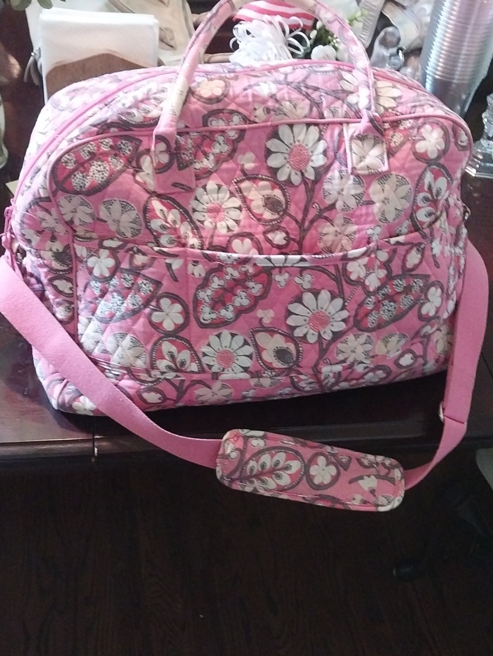 Vera Bradley Pink Floral Quilted Travel Duffel with Shoulder Strap